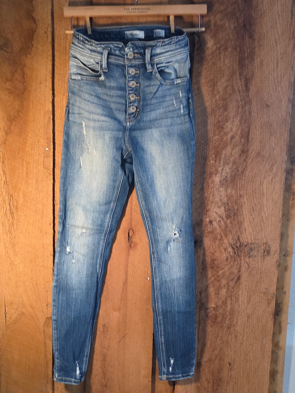 KanCan High-Rise Distressed Button-Up Skinny Jeans — Blue